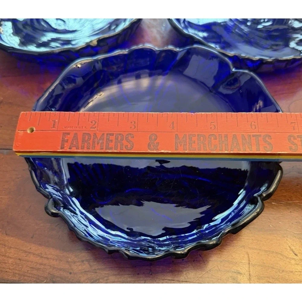 Vintage Arcoroc France Cobalt Blue Cabbage Leaf Glass Plates Set of 3